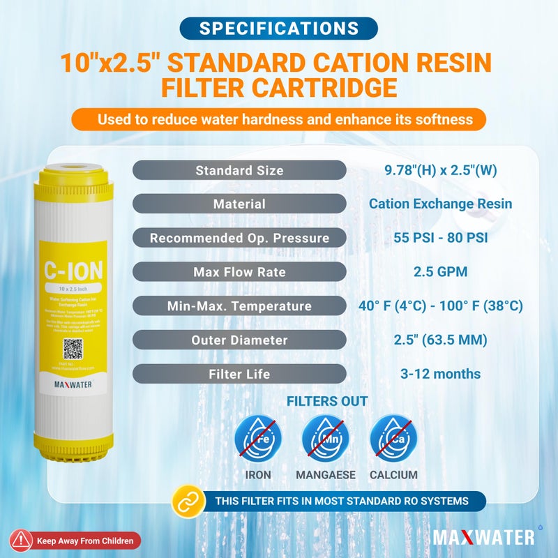 Max Water ماكس ووتر 10" × 2.5" خرطوشة مياة ناعمة من راتنج الكاتيون، متوافقة مع AF-10-3003، WS-10، UDF-10C100E، 155319-43 وجميع أنظمة تصفية المياه المنزلية القياسية 10 بوصة (عبوة 2)  - Image 2